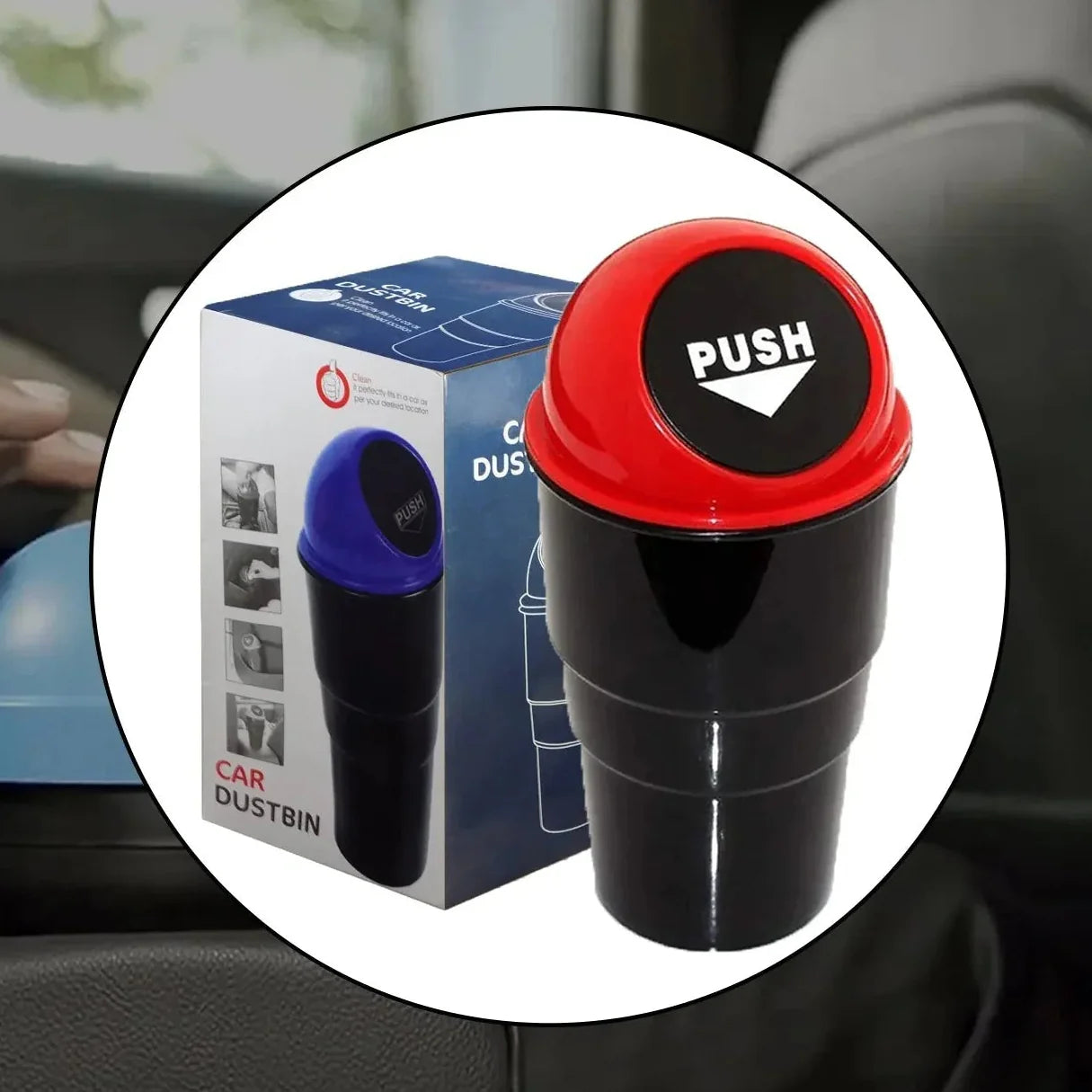 Car-mounted dustbin with red lid and 'PUSH' button, displayed in a car interior.